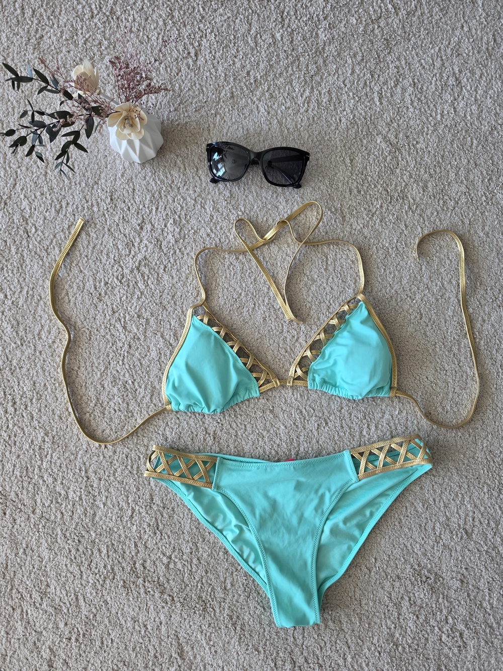 Victoria's Secret Bright Turquoise and GOLD Bikini Top+Bottom